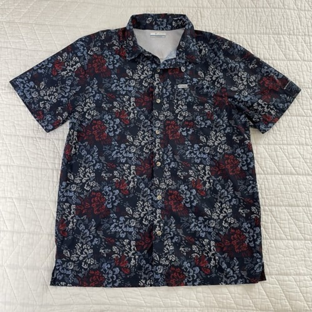 Columbia PFG Omni-Shade Men's M Button-Up Fishing Shirt Floral Navy Red